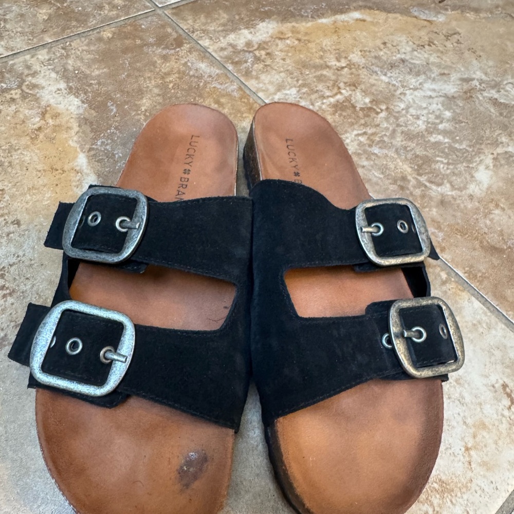 Lucky Brand black suede slides